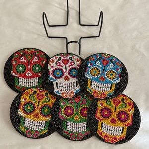 Colorful Sugar Skull Coasters Set handmade day of the dead diamond art sparkly
